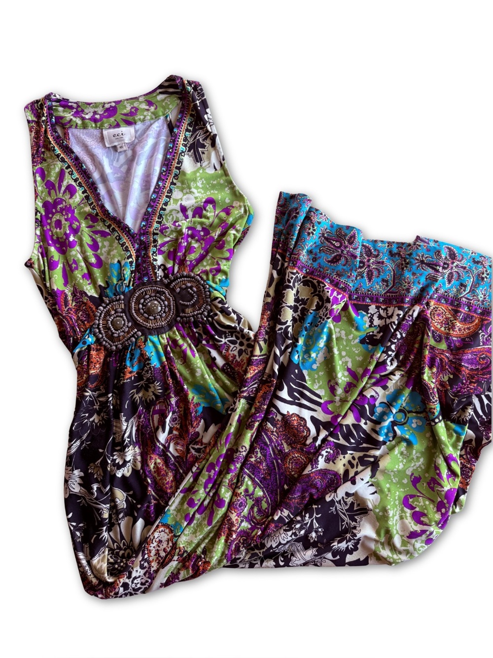 Vintage Sleeveless Floral Boho Maxi Dress with Beaded Waist - Green & Purple